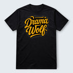 Black 100% cotton WOF "Drama Wolf" graphic t-shirt with yellow script lettering.