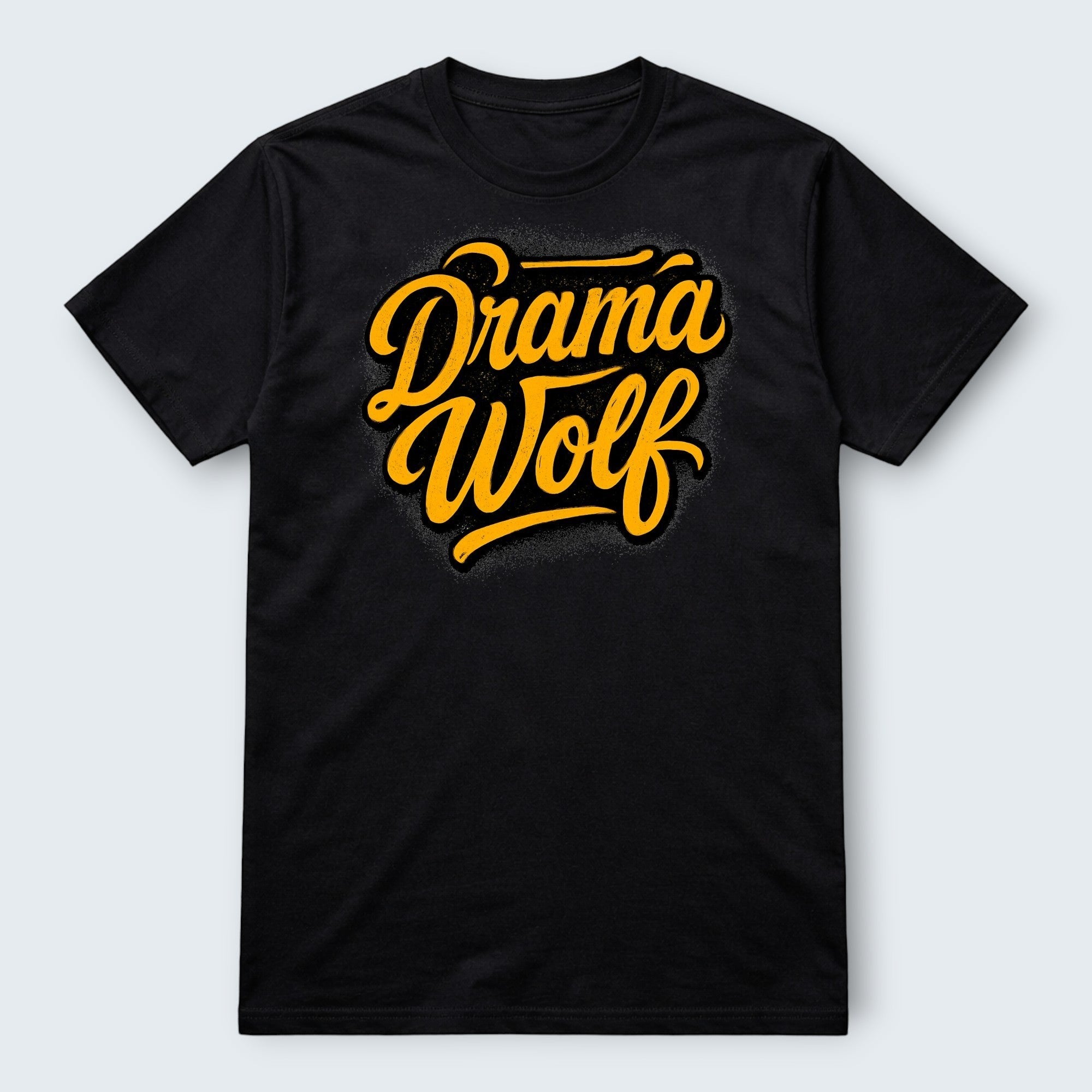 Black 100% cotton WOF "Drama Wolf" graphic t-shirt with yellow script lettering.