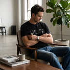 A man wearing a black WOFF cotton t-shirt with a graphic print, sitting in a chair in a bright, modern room.
