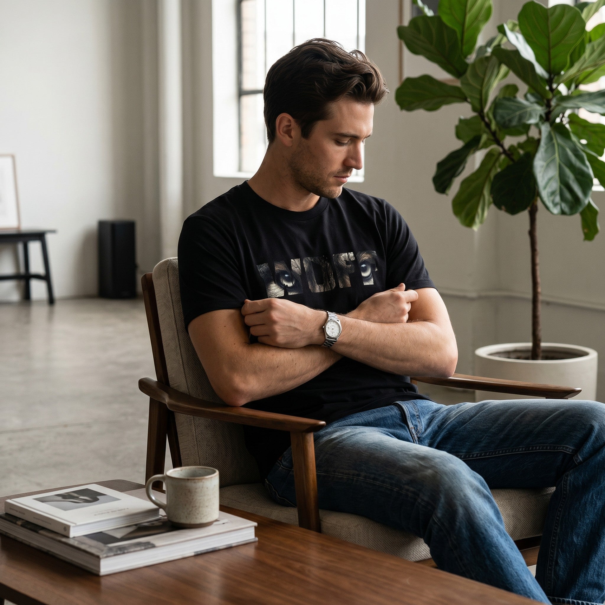 A man wearing a black WOFF cotton t-shirt with a graphic print, sitting in a chair in a bright, modern room.