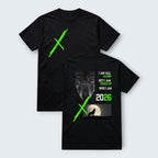 WOFF black 100% cotton unisex crew neck t-shirt with a neon green graphic slash on the front. Back features a wolf portrait, text, and a wolf howling at the moon.