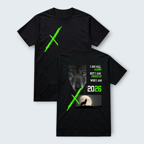 WOFF black 100% cotton unisex crew neck t-shirt with a neon green graphic slash on the front. Back features a wolf portrait, text, and a wolf howling at the moon.