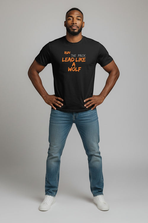 WOF black 100% cotton t-shirt with orange 'Lead Like A Wolf' graphic print. Unisex regular fit.