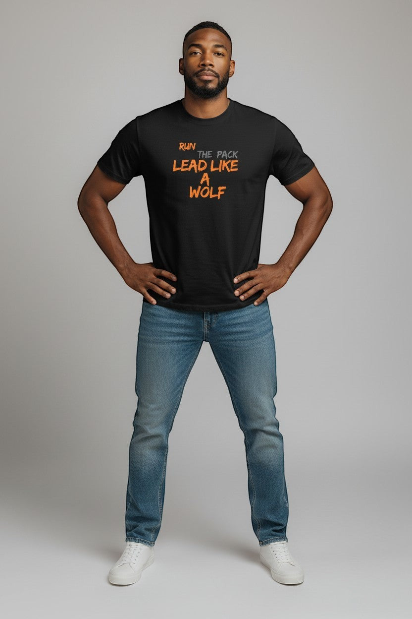 WOF black 100% cotton t-shirt with orange 'Lead Like A Wolf' graphic print. Unisex regular fit.