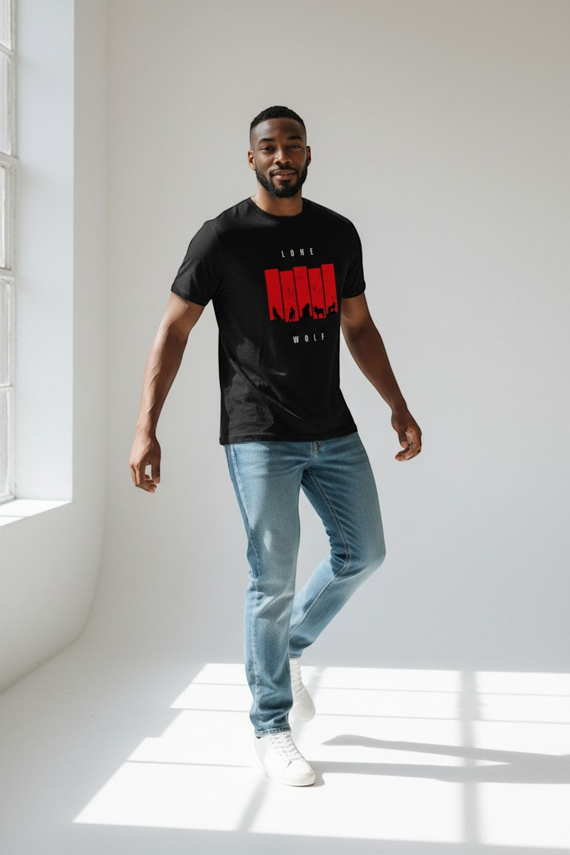 WOFF black 100% cotton t-shirt with red graphic of wolves and "LONE WOLF" text.