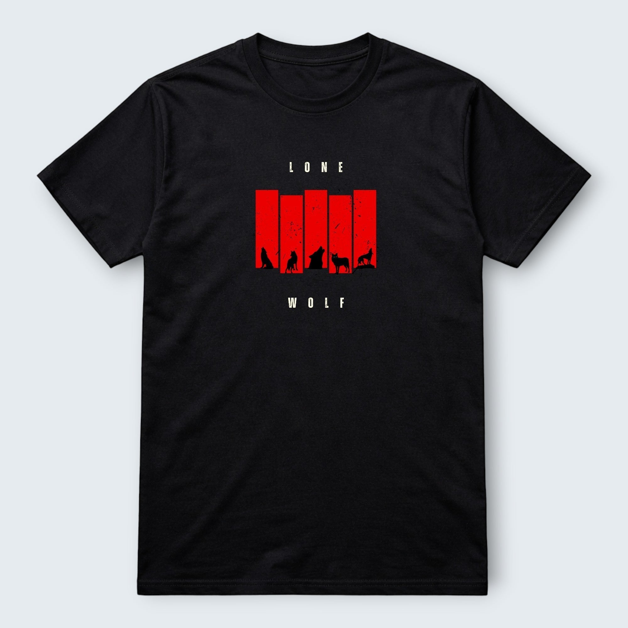 WOFF black 100% cotton t-shirt with a red graphic featuring the words LONE WOLF and silhouettes of wolves.