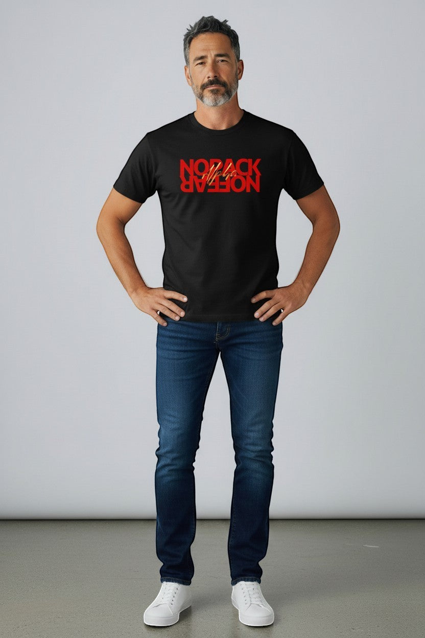 WOFF black 100% cotton t-shirt with bold red 'NO FEAR ALPHA' graphic print.