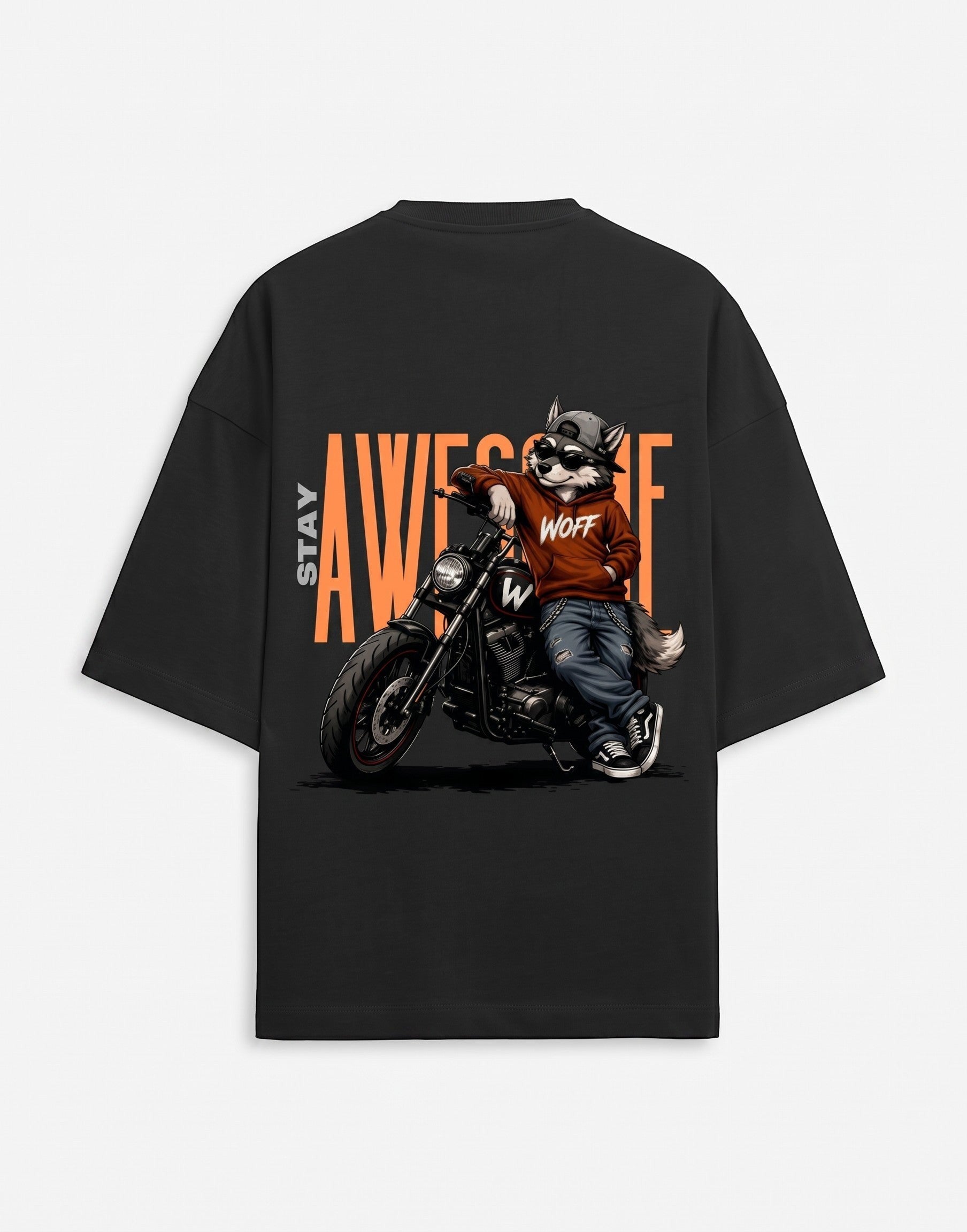 WOFF black oversized unisex t-shirt featuring a graphic print of a cool wolf on a motorcycle on the back