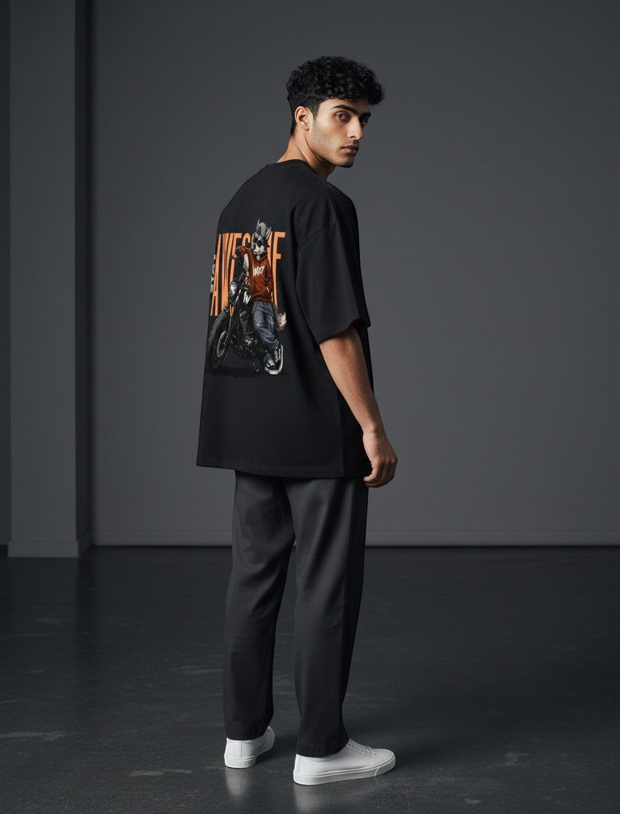 WOFF black oversized cotton-blend t-shirt with drop shoulders and graphic motorcycle print on the back