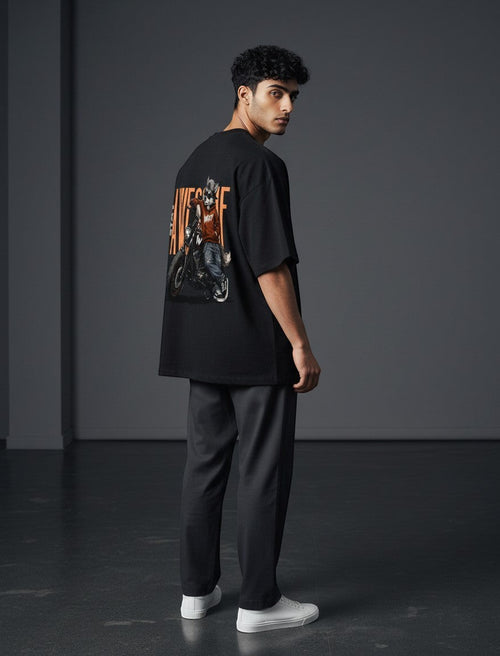 WOFF black oversized cotton-blend t-shirt with drop shoulders and graphic motorcycle print on the back