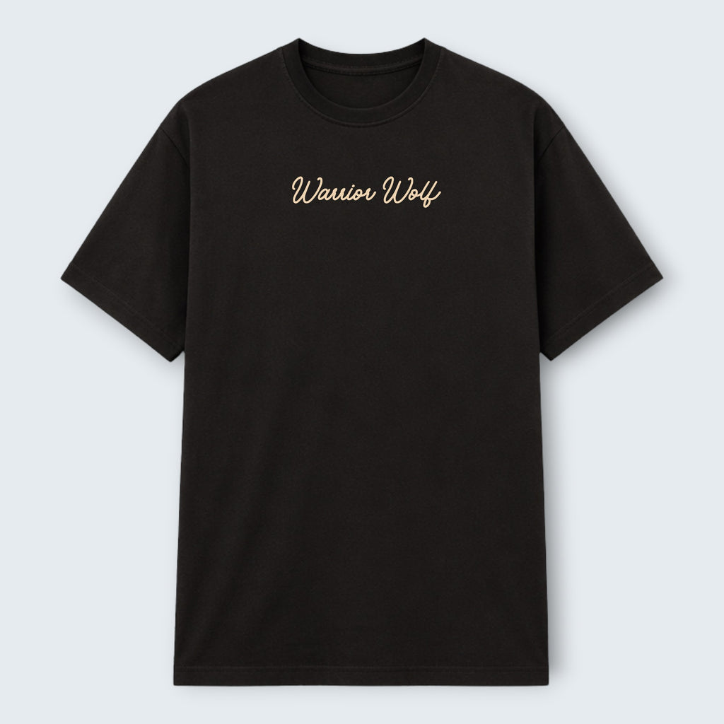 WOFF black 100% cotton crew neck t-shirt with "Warrior Wolf" text graphic on chest.
