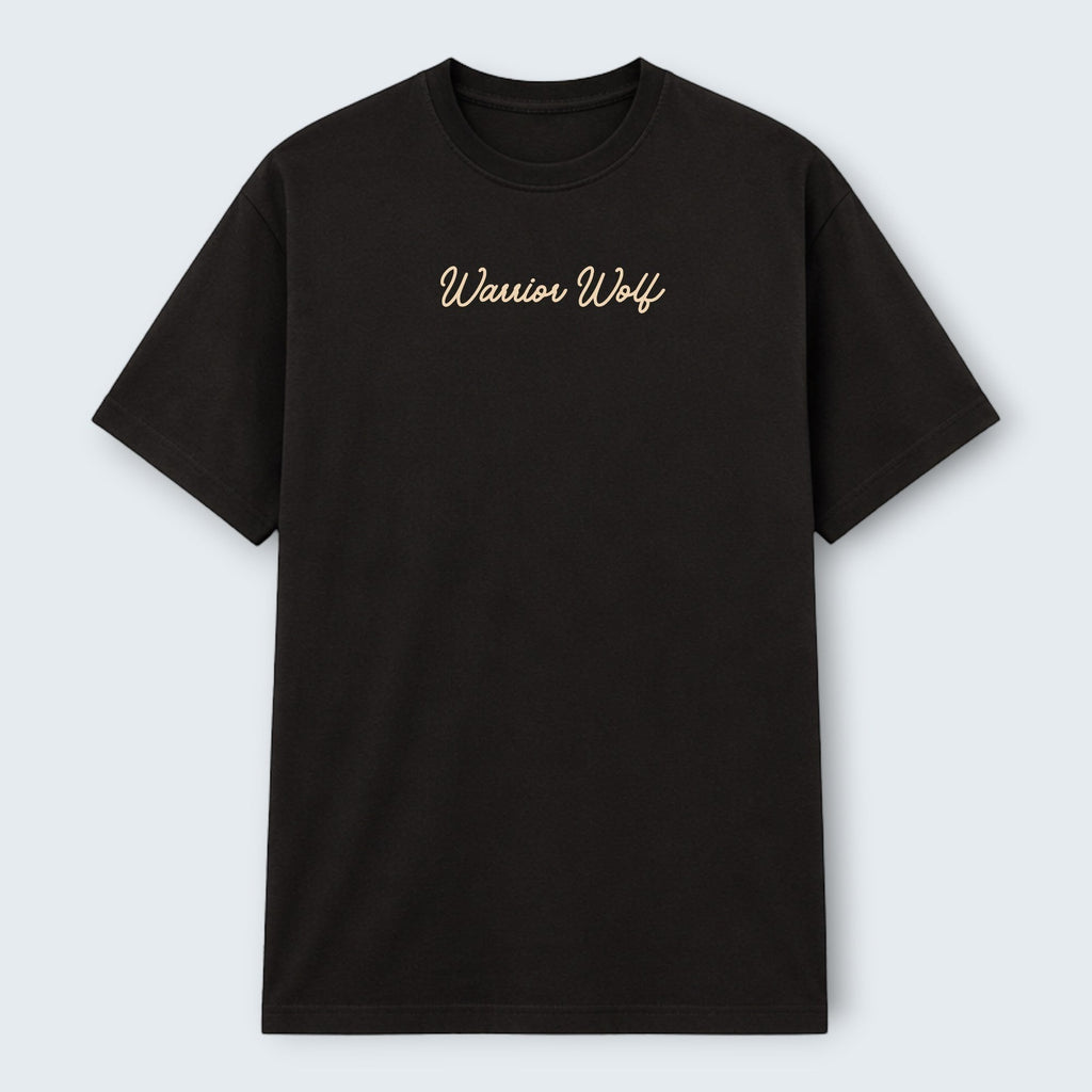 WOFF black 100% cotton crew neck t-shirt with "Warrior Wolf" text graphic on chest.