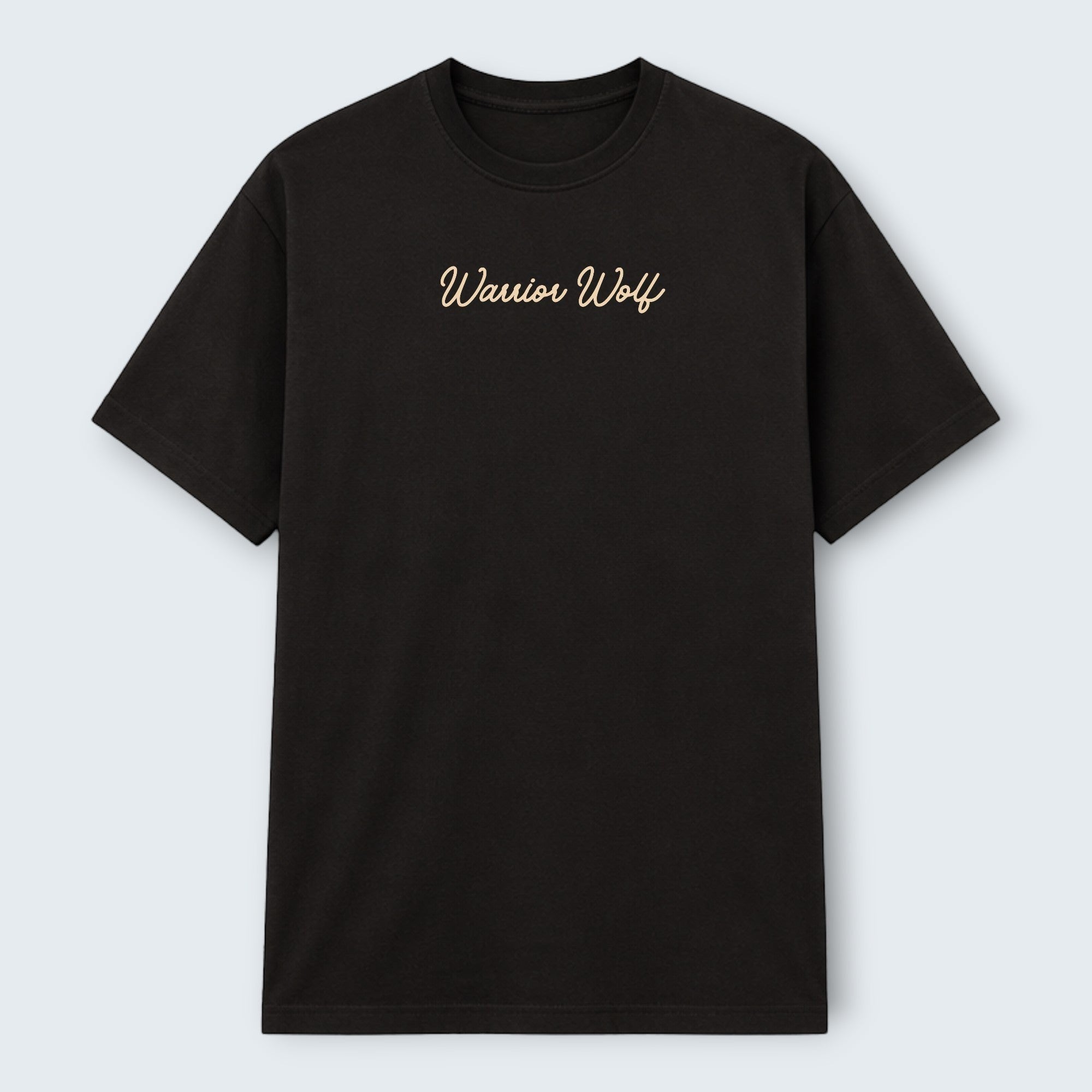 WOFF black 100% cotton crew neck t-shirt with "Warrior Wolf" text graphic on chest.