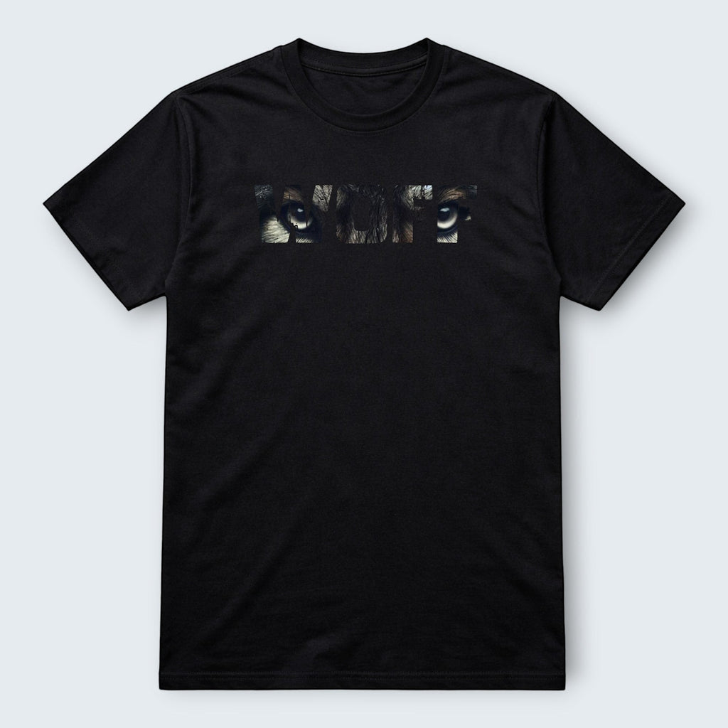 WOFF black 100% cotton t-shirt with a graphic print of a wolf's eyes forming the word WOLF.
