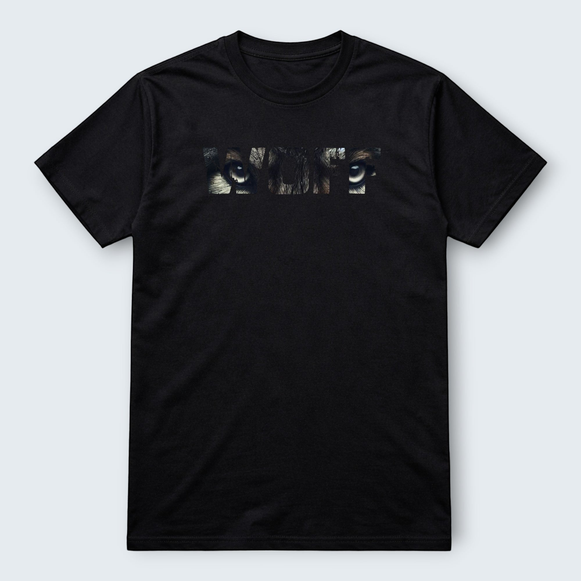 WOFF black 100% cotton t-shirt with a graphic print of a wolf's eyes forming the word WOLF.