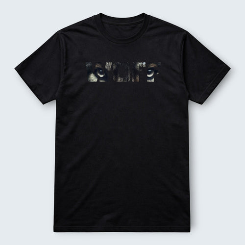 WOFF black 100% cotton t-shirt with a graphic print of a wolf's eyes forming the word WOLF.
