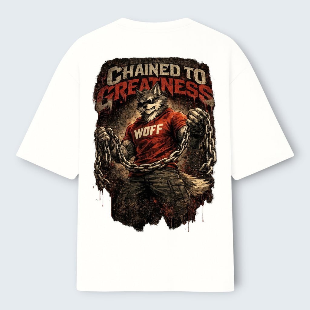 WOFF white oversized cotton t-shirt featuring a Chained to Greatness wolf graphic print on the back