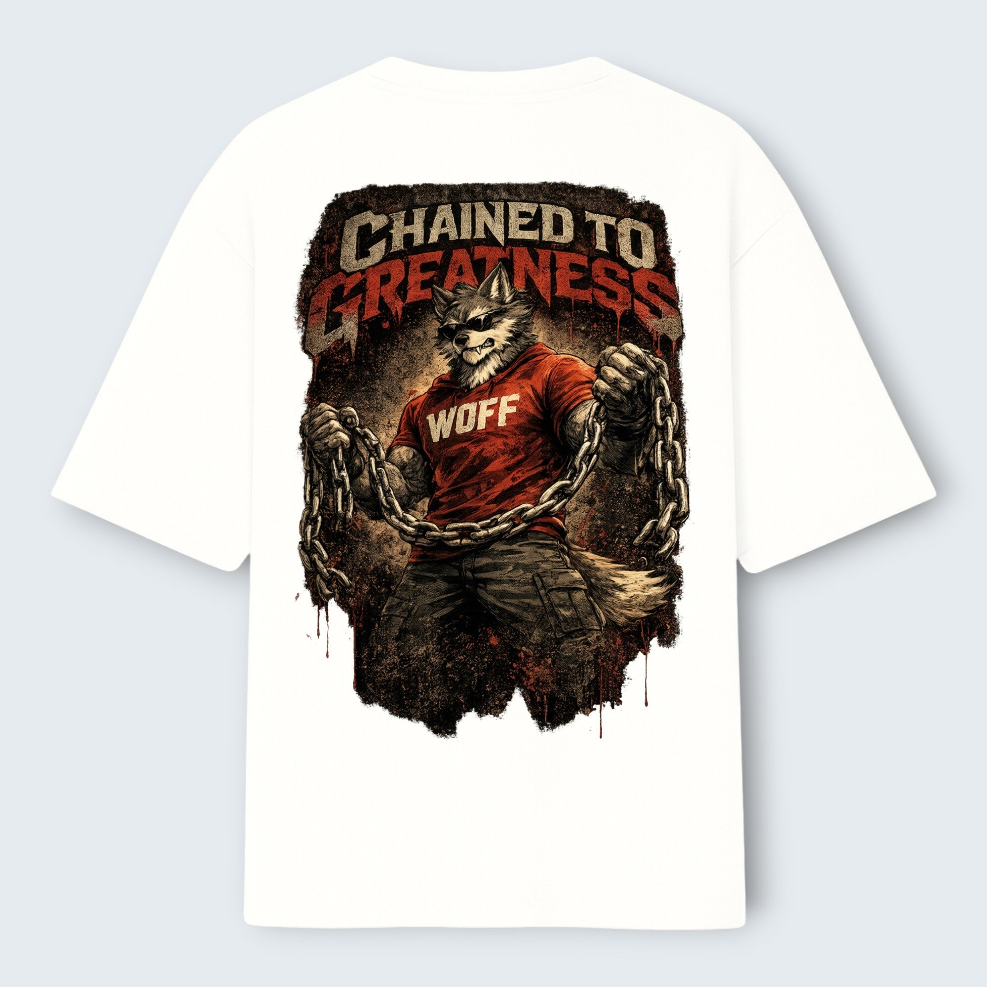 WOFF white oversized cotton t-shirt featuring a Chained to Greatness wolf graphic print on the back
