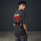 WOFF unisex oversized charcoal cotton t-shirt featuring a Stay Feral wolf graphic print on the back