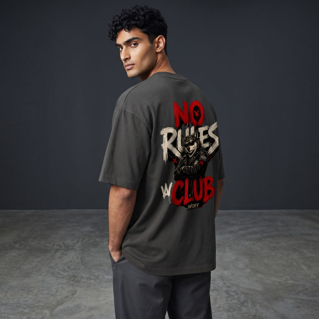 WOFF unisex oversized charcoal grey cotton t-shirt with No Rules Club wolf graphic print on the back