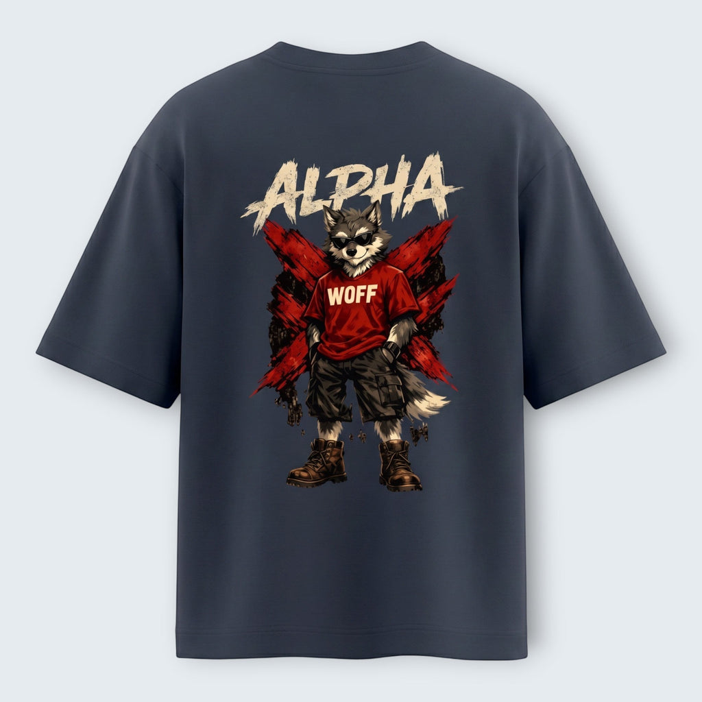 WOFF unisex oversized charcoal cotton t-shirt featuring a graphic print of a wolf character on the back