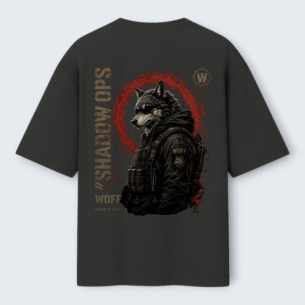 WOFF charcoal grey oversized cotton t-shirt featuring a tactical wolf graphic with red circle and Shadow Ops text