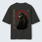 WOFF charcoal grey oversized cotton t-shirt featuring a tactical wolf graphic with red circle and Shadow Ops text