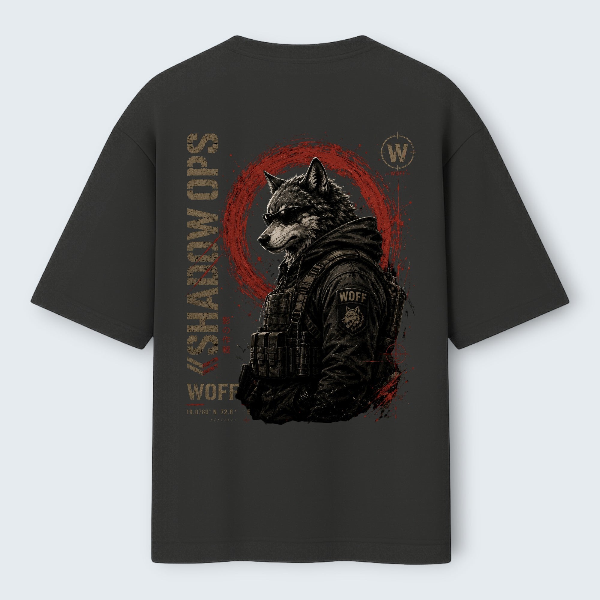 WOFF charcoal grey oversized cotton t-shirt featuring a tactical wolf graphic with red circle and Shadow Ops text
