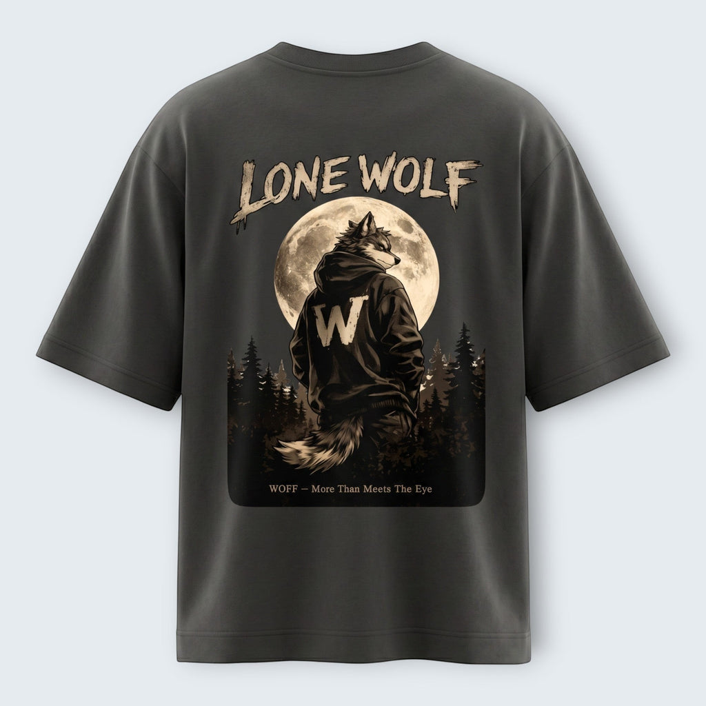 WOFF unisex oversized charcoal cotton t-shirt with a back graphic of a wolf in a hoodie under a full moon.