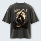 WOFF unisex oversized charcoal cotton t-shirt with a back graphic of a wolf in a hoodie under a full moon.