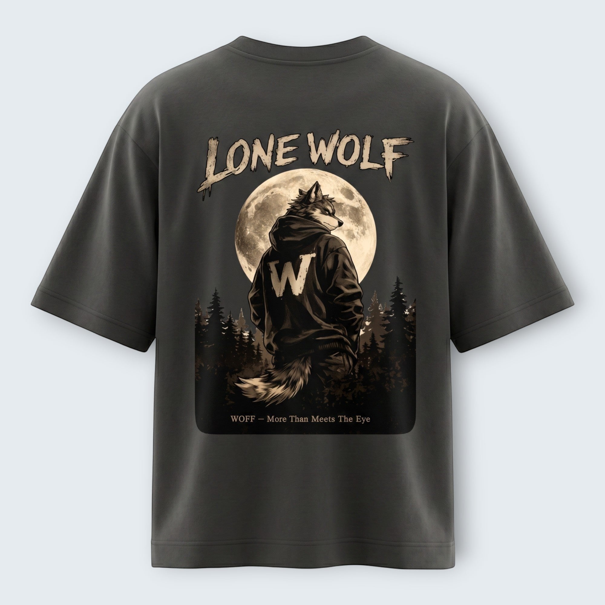 WOFF unisex oversized charcoal cotton t-shirt with a back graphic of a wolf in a hoodie under a full moon.