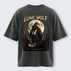 WOFF unisex oversized charcoal cotton t-shirt with a back graphic of a wolf in a hoodie under a full moon.