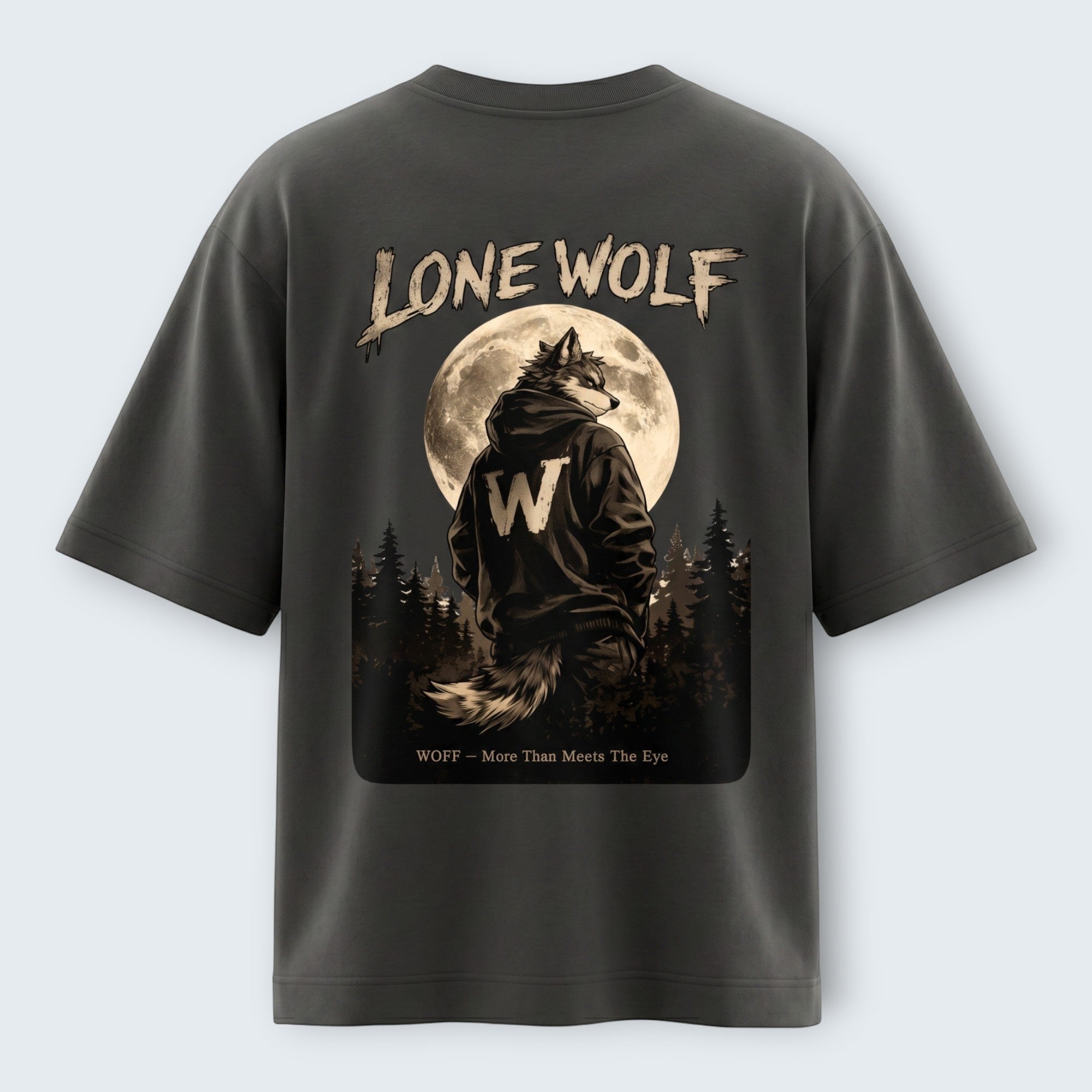 WOFF unisex oversized charcoal cotton t-shirt with a back graphic of a wolf in a hoodie under a full moon.