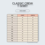 WOFF Unisex Classic Crew T-Shirt size chart with chest and length measurements for sizes XS to 7XL. 100% cotton, 180 GSM.
