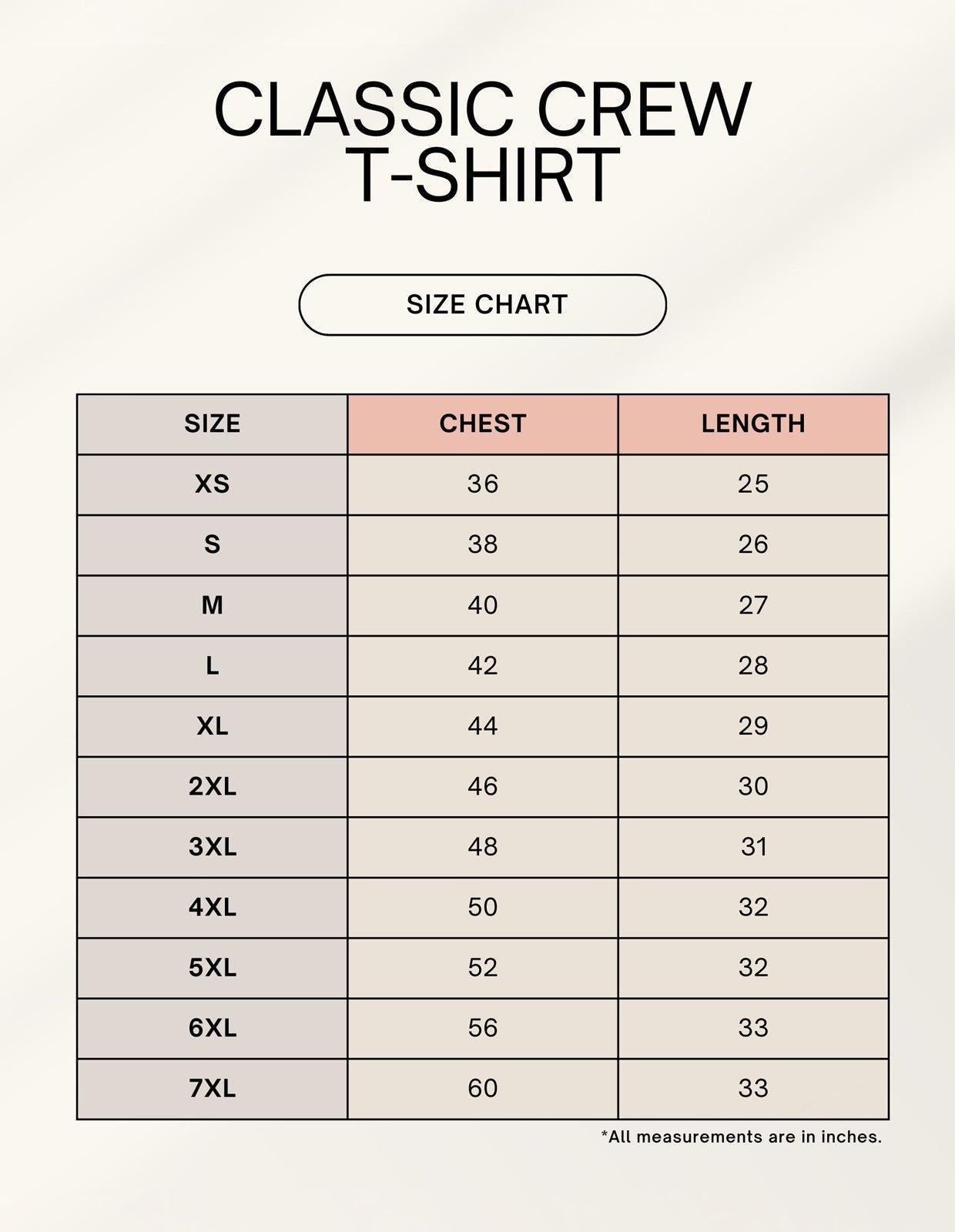 WOFF classic crew t-shirt size chart with chest and length measurements in inches for sizes XS to 7XL.