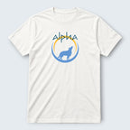 WOFF unisex classic crew t-shirt in white 100% cotton with a blue wolf howling at the moon logo.