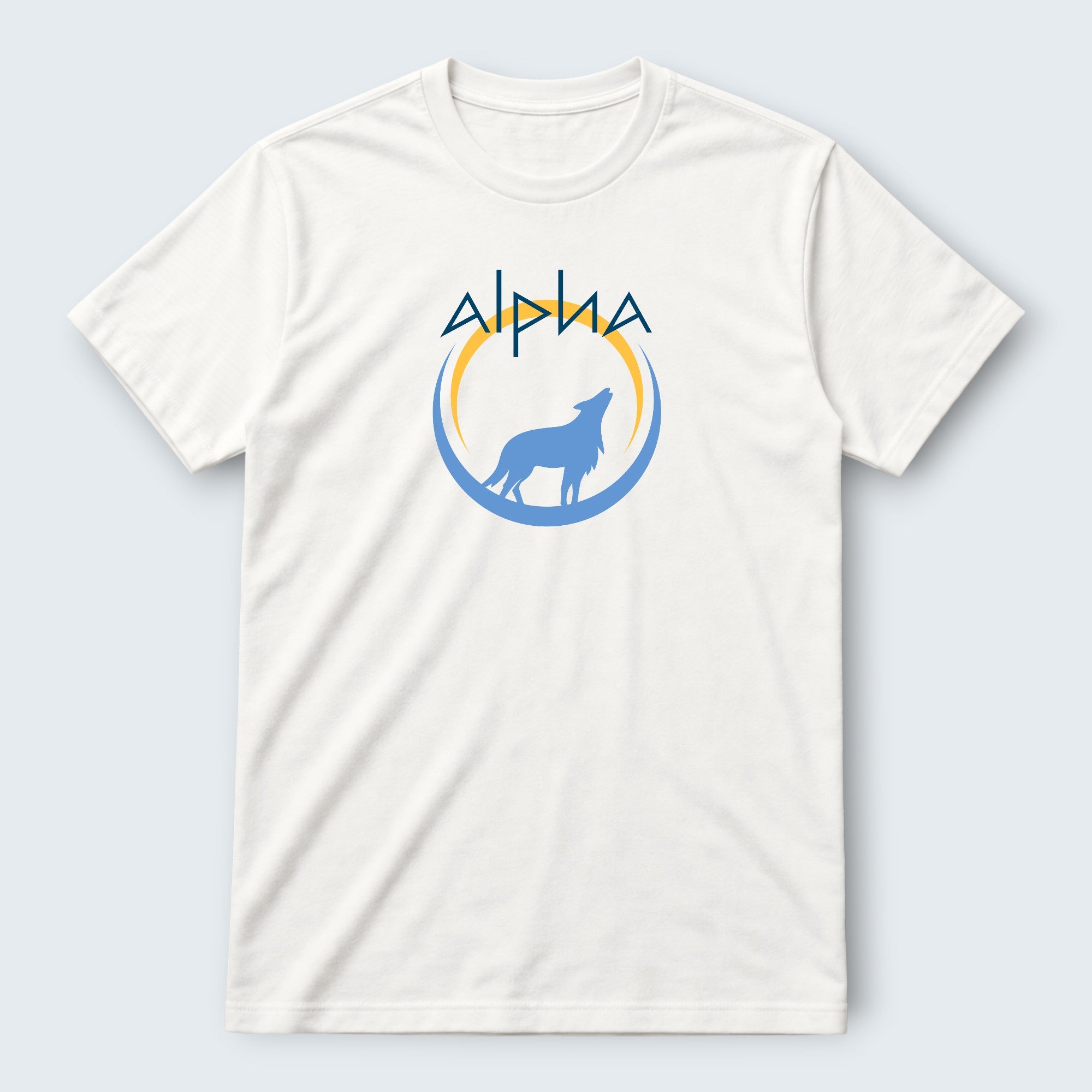 WOFF unisex classic crew t-shirt in white 100% cotton with a blue wolf howling at the moon logo.