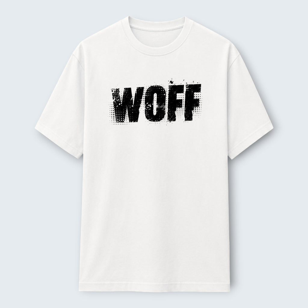 WOFF Classic unisex white cotton t-shirt featuring a black distressed logo graphic on the chest.