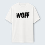 WOFF Classic unisex white cotton t-shirt featuring a black distressed logo graphic on the chest.