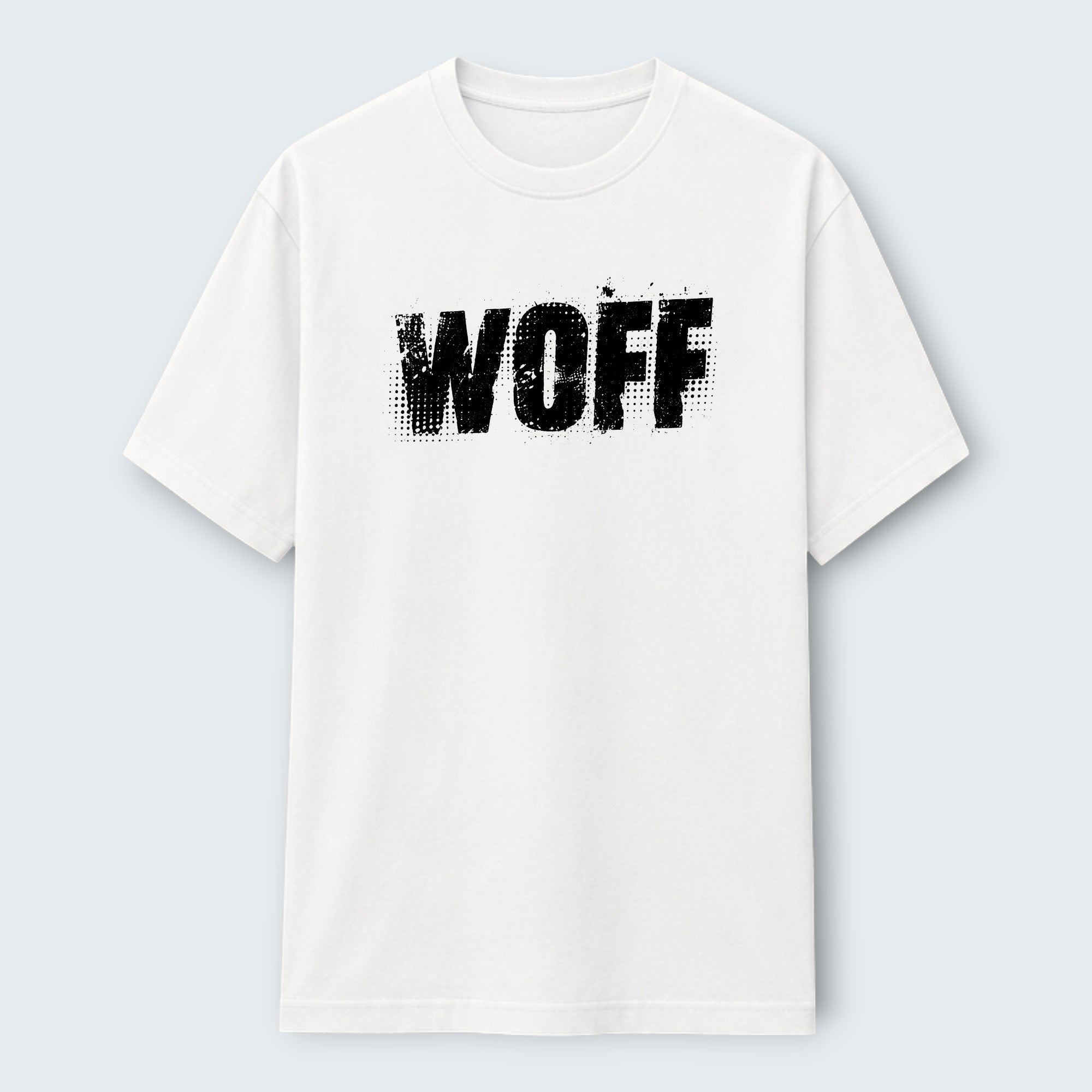 WOFF Classic unisex white cotton t-shirt featuring a black distressed logo graphic on the chest.