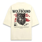 WOFF unisex oversized cream terry-knit t-shirt featuring a wolf graphic and Japanese-inspired text on the back