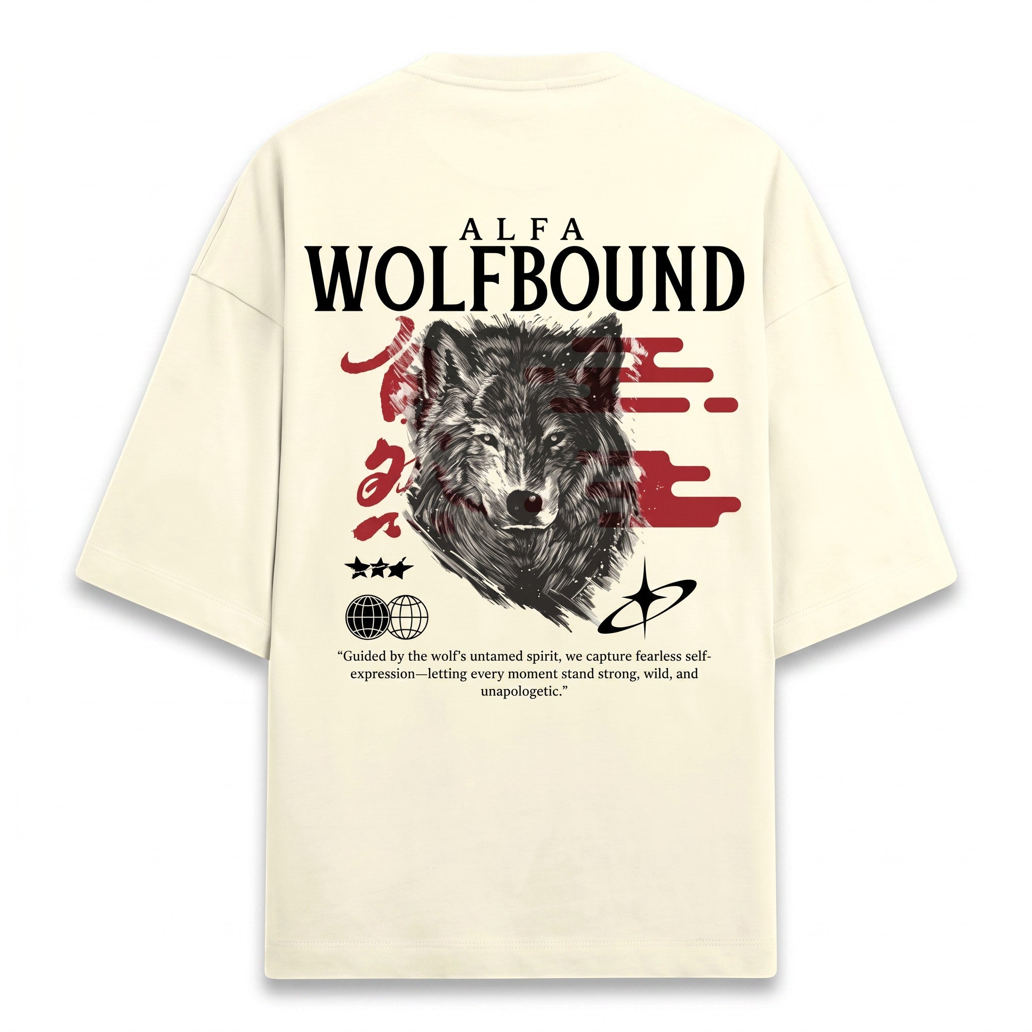 WOFF unisex oversized cream terry-knit t-shirt featuring a wolf graphic and Japanese-inspired text on the back