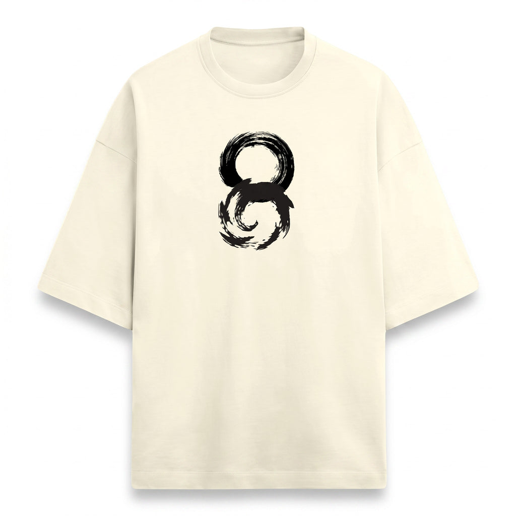 WOFF unisex oversized cream terry-knit t-shirt with a black brushstroke circular graphic on the chest.