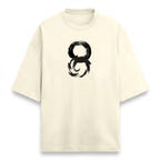 WOFF unisex oversized cream terry-knit t-shirt with a black brushstroke circular graphic on the chest.