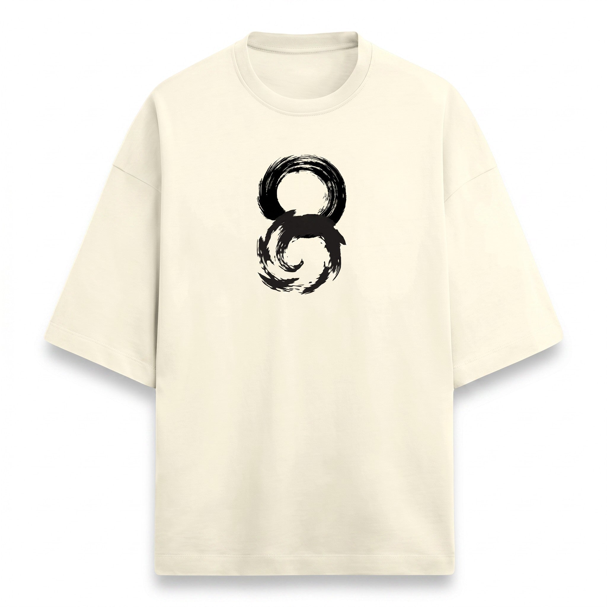 WOFF unisex oversized cream terry-knit t-shirt with a black brushstroke circular graphic on the chest.