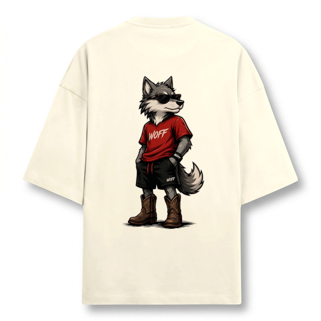 WOFF unisex oversized terry tee in cream featuring a graphic of a cool wolf wearing sunglasses and boots on the back.