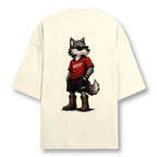 WOFF unisex oversized terry tee in cream featuring a graphic of a cool wolf wearing sunglasses and boots on the back.