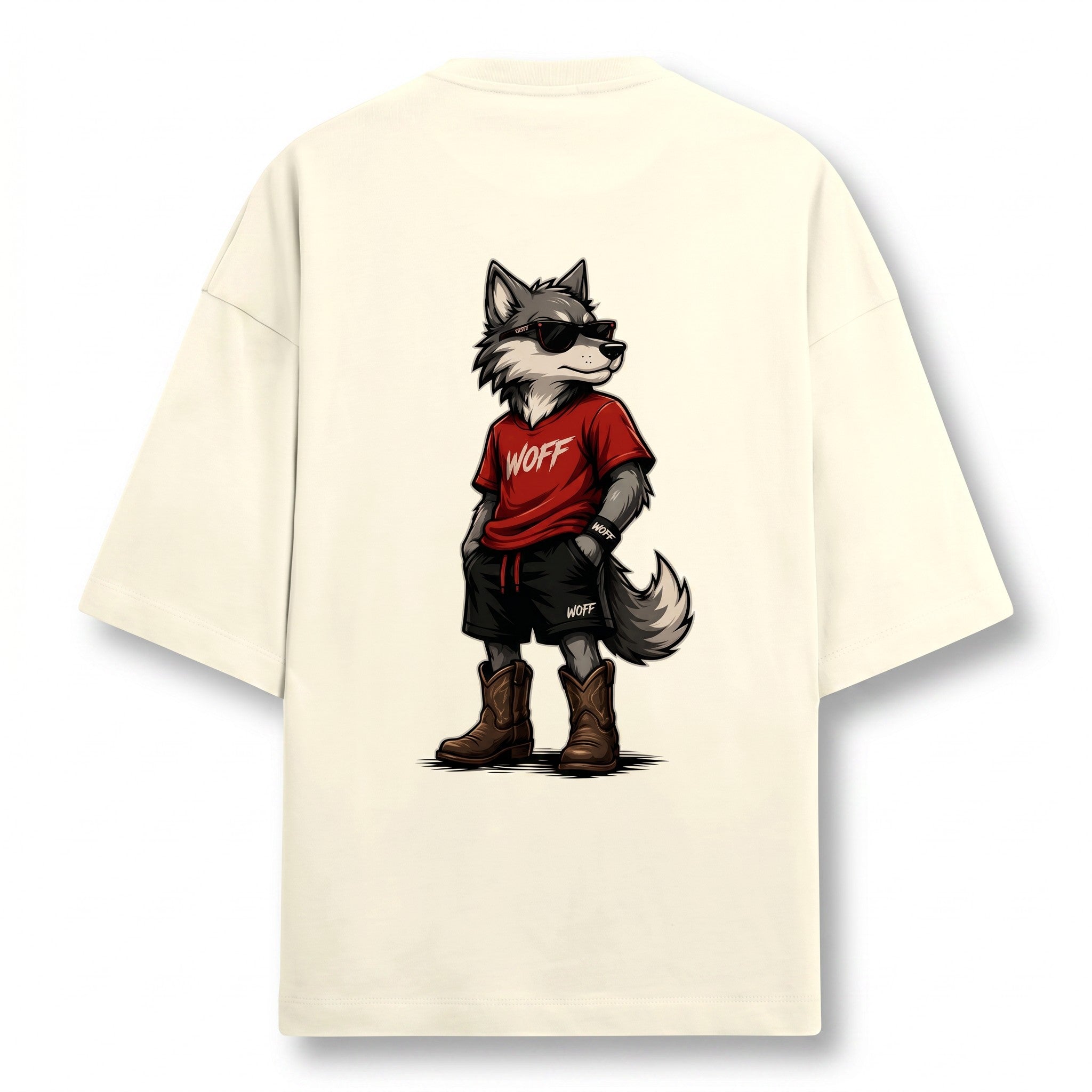 WOFF unisex oversized terry tee in cream featuring a graphic of a cool wolf wearing sunglasses and boots on the back.