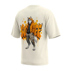 WOFF unisex oversized terry tee in cream featuring a back graphic of a wolf character in an orange hoodie