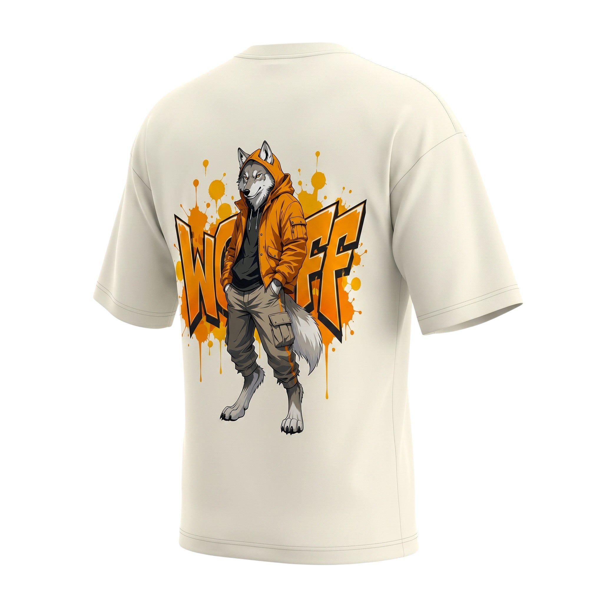 WOFF unisex oversized terry tee in cream featuring a back graphic of a wolf character in an orange hoodie